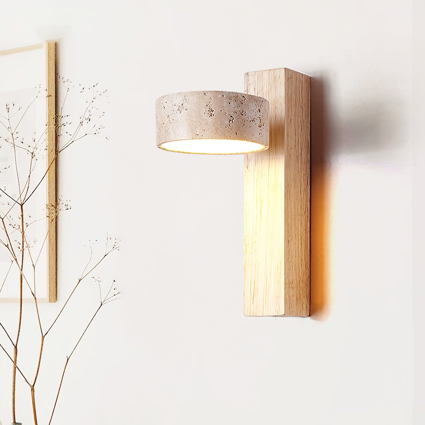 Grove Beam Wall Lamp | Yellow Travertine, Wood, Acrylic | Wall Mount