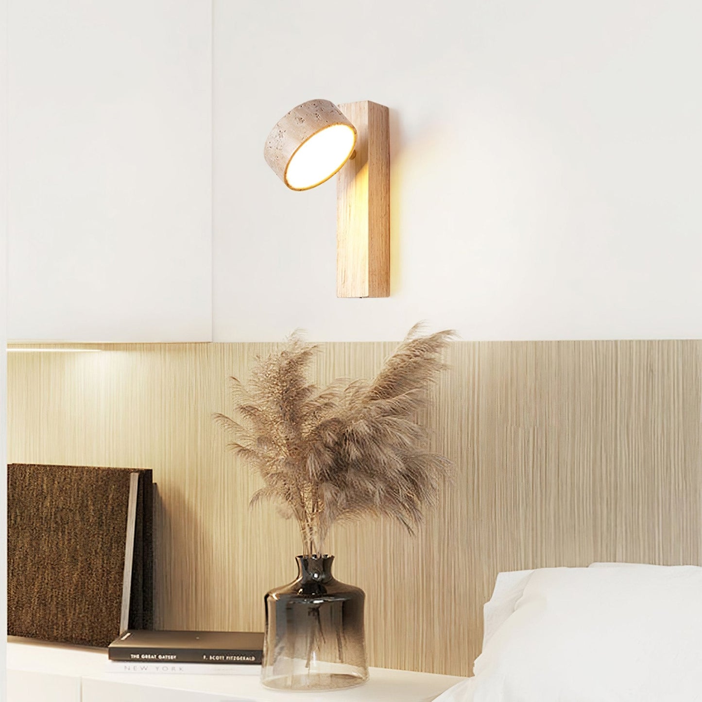 Grove Beam Wall Lamp | Yellow Travertine, Wood, Acrylic | Wall Mount