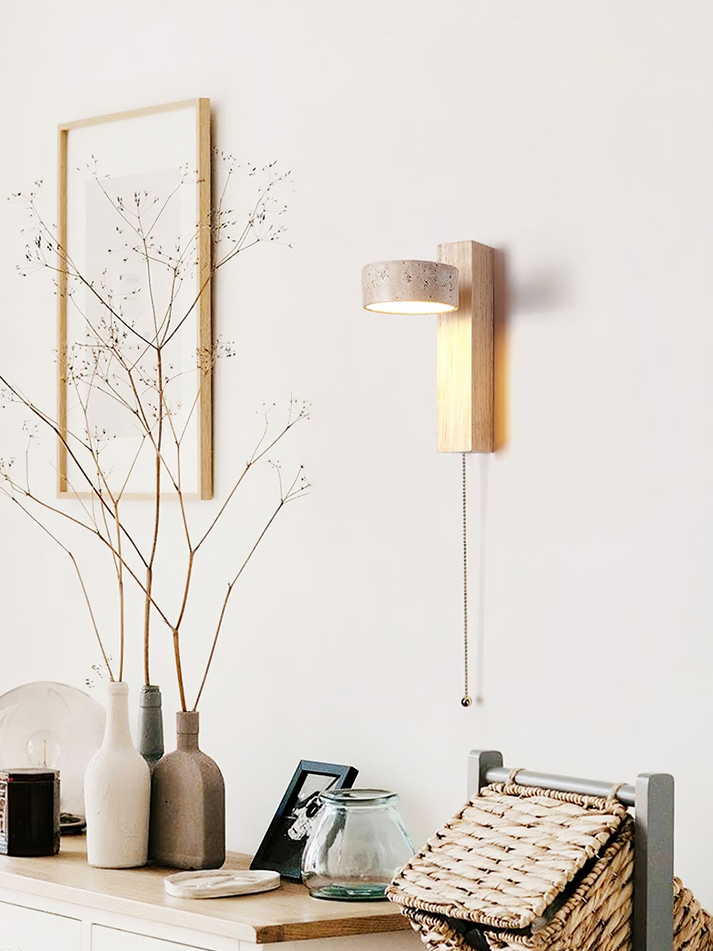 Grove Beam Wall Lamp | Yellow Travertine, Wood, Acrylic | Wall Mount