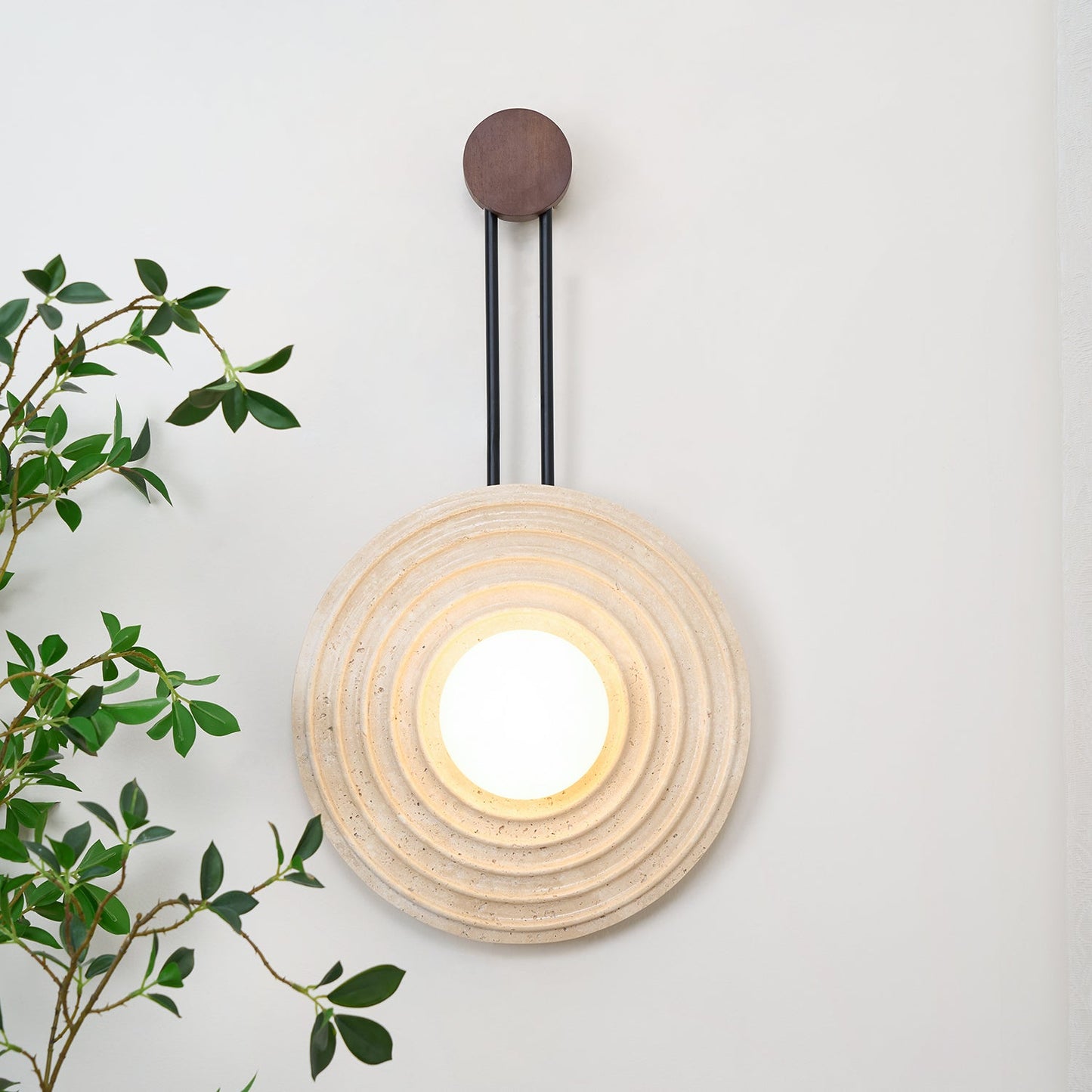 Growth Ring Wall Lamp | Yellow Travertine, Wood, Glass | Beige, Dark Walnut, Wood Color