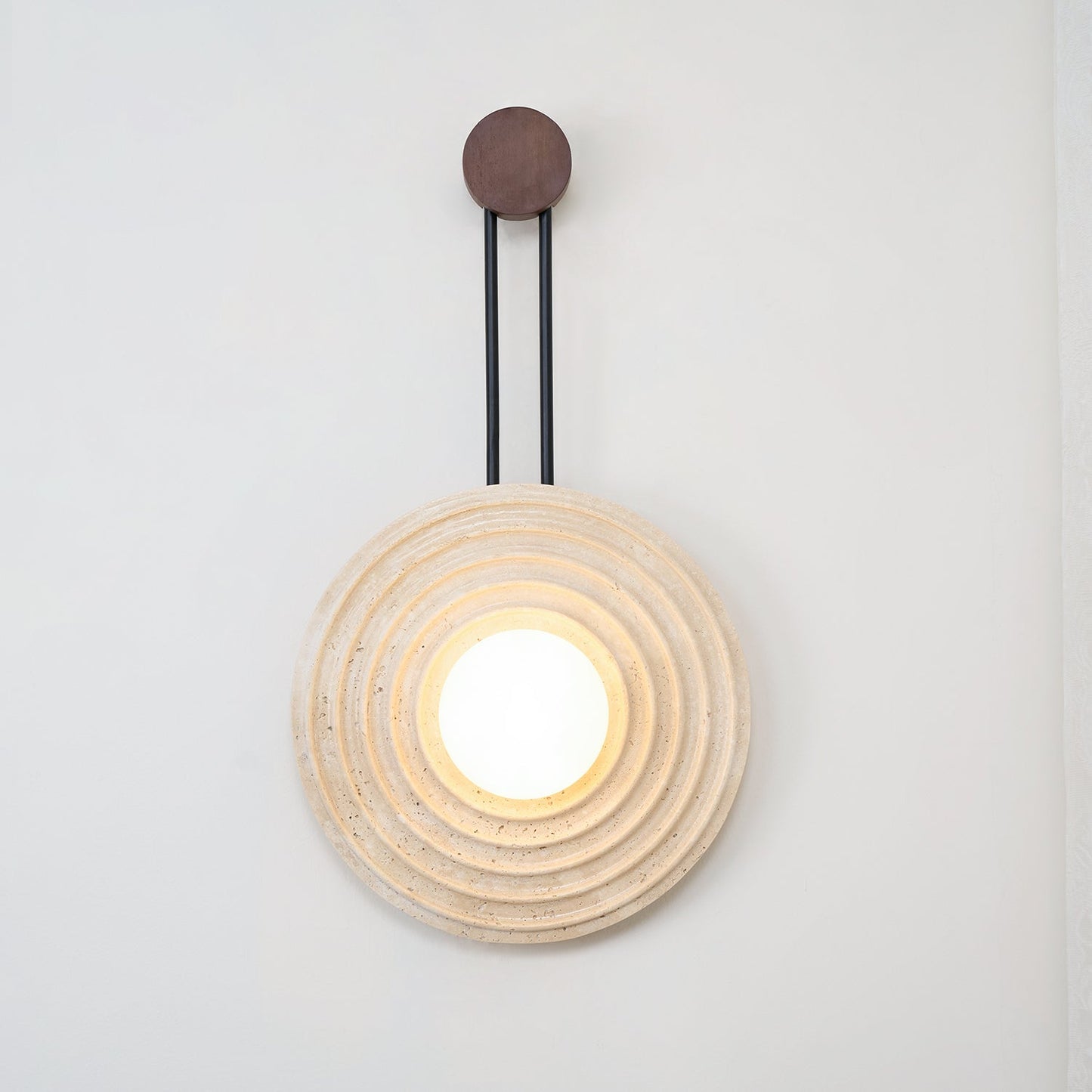 Growth Ring Wall Lamp | Yellow Travertine, Wood, Glass | Beige, Dark Walnut, Wood Color
