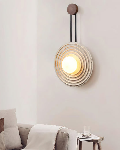 Growth Ring Wall Lamp | Yellow Travertine, Wood, Glass | Beige, Dark Walnut, Wood Color