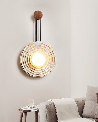 Growth Ring Wall Lamp | Yellow Travertine, Wood, Glass | Beige, Dark Walnut, Wood Color