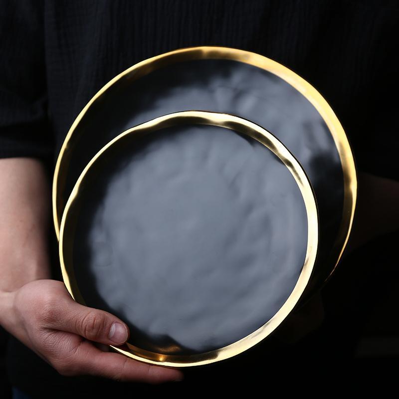 Pearl Plate Set | Handmade Fine Porcelain | Gold Rimmed, Cream & Black