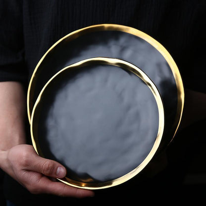Pearl Plate Set | Handmade Fine Porcelain | Gold Rimmed, Cream & Black