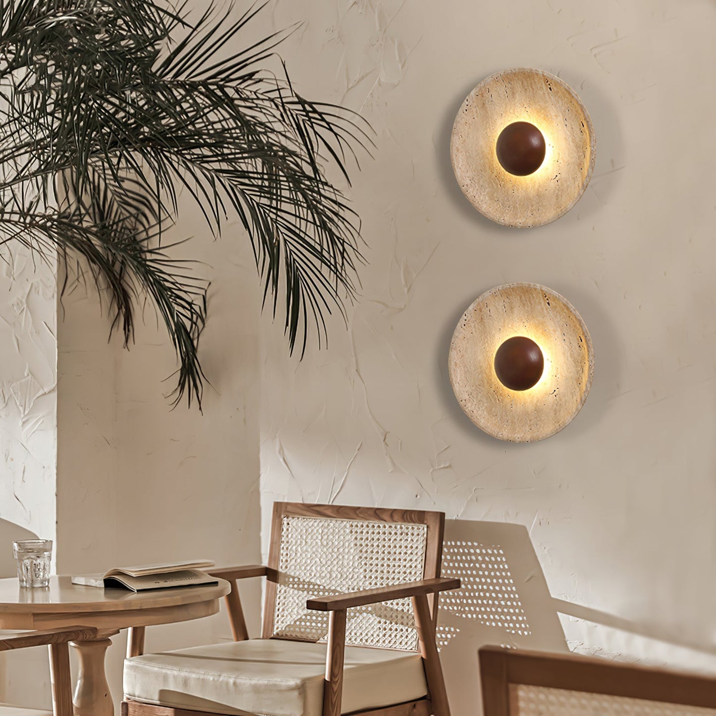 Halo Travertine Wall Light | Yellow Travertine & Wood | 25cm