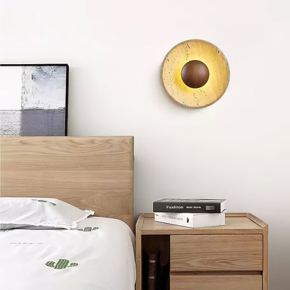 Halo Travertine Wall Light | Yellow Travertine & Wood | 25cm