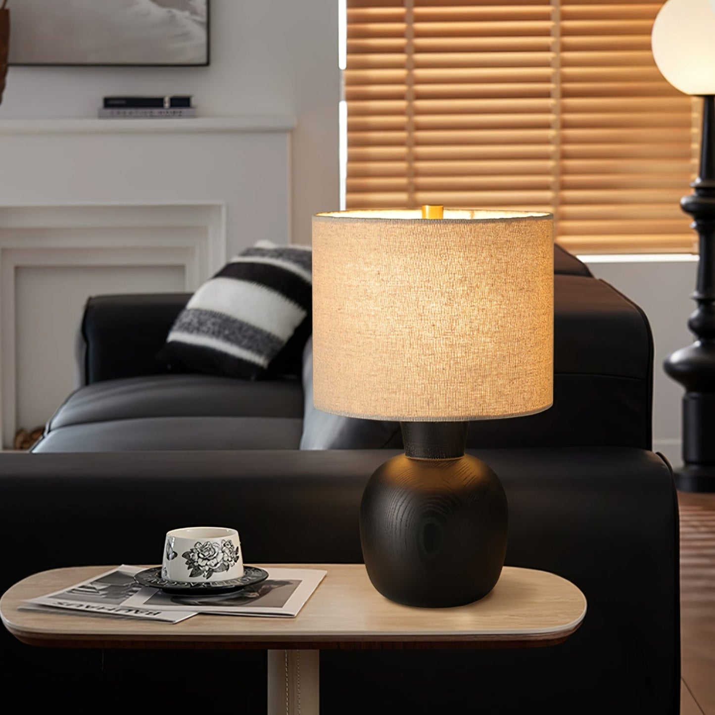 Hearth Table Lamp | Wooden Base | Beige Shade