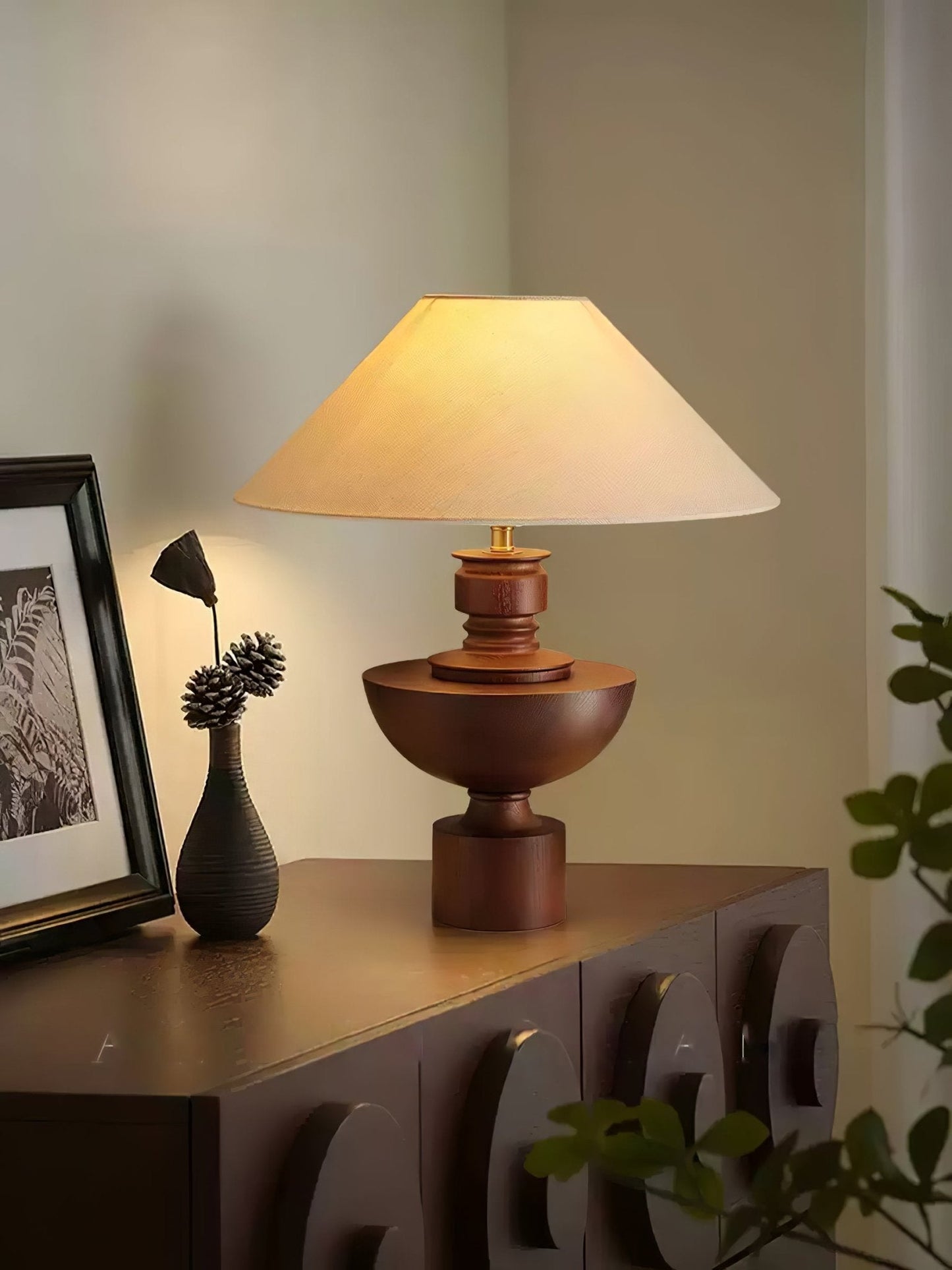 Helios Vase Table Lamp | Wooden Base | Beige Shade
