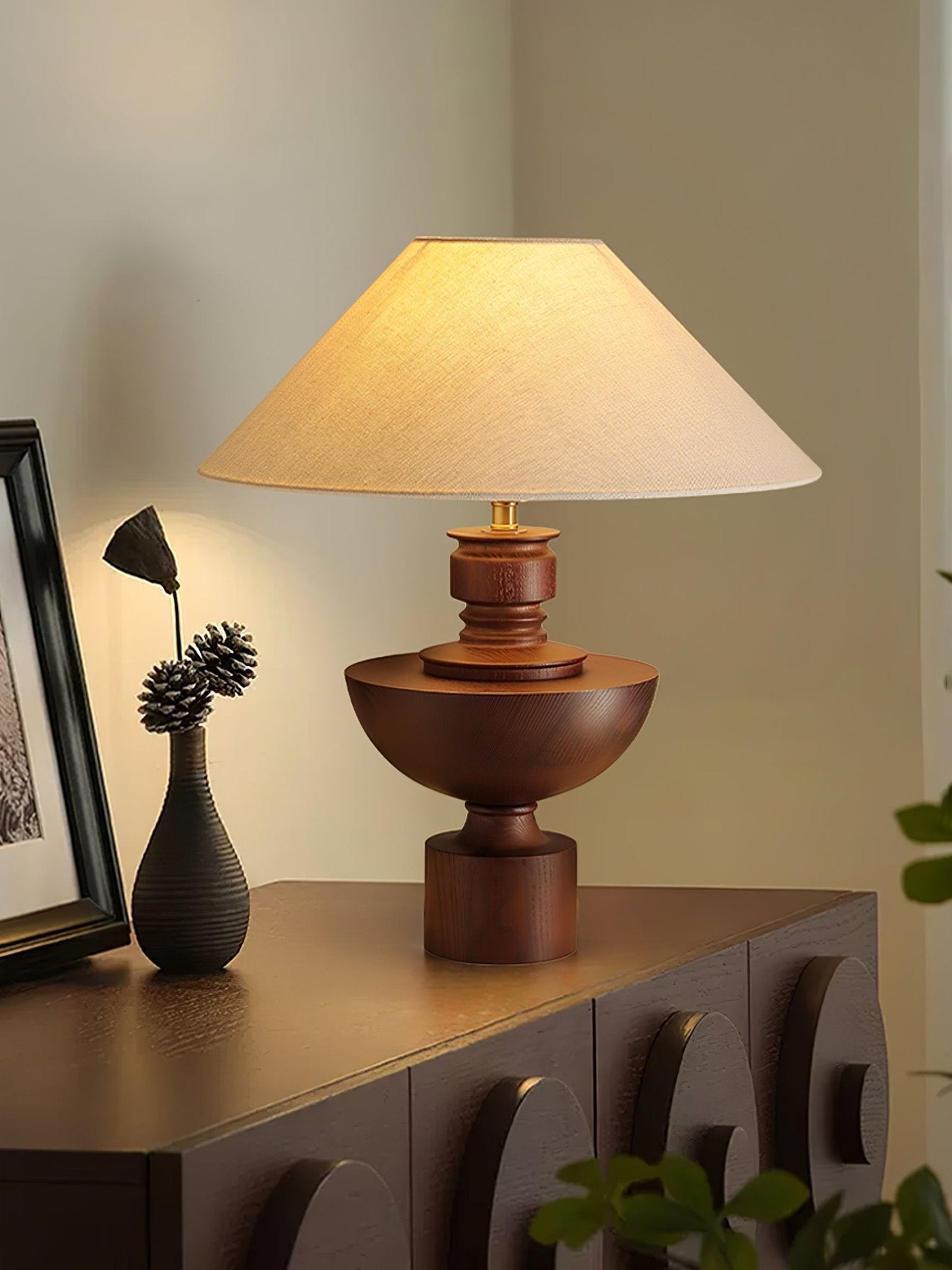 Helios Vase Table Lamp | Wooden Base | Beige Shade