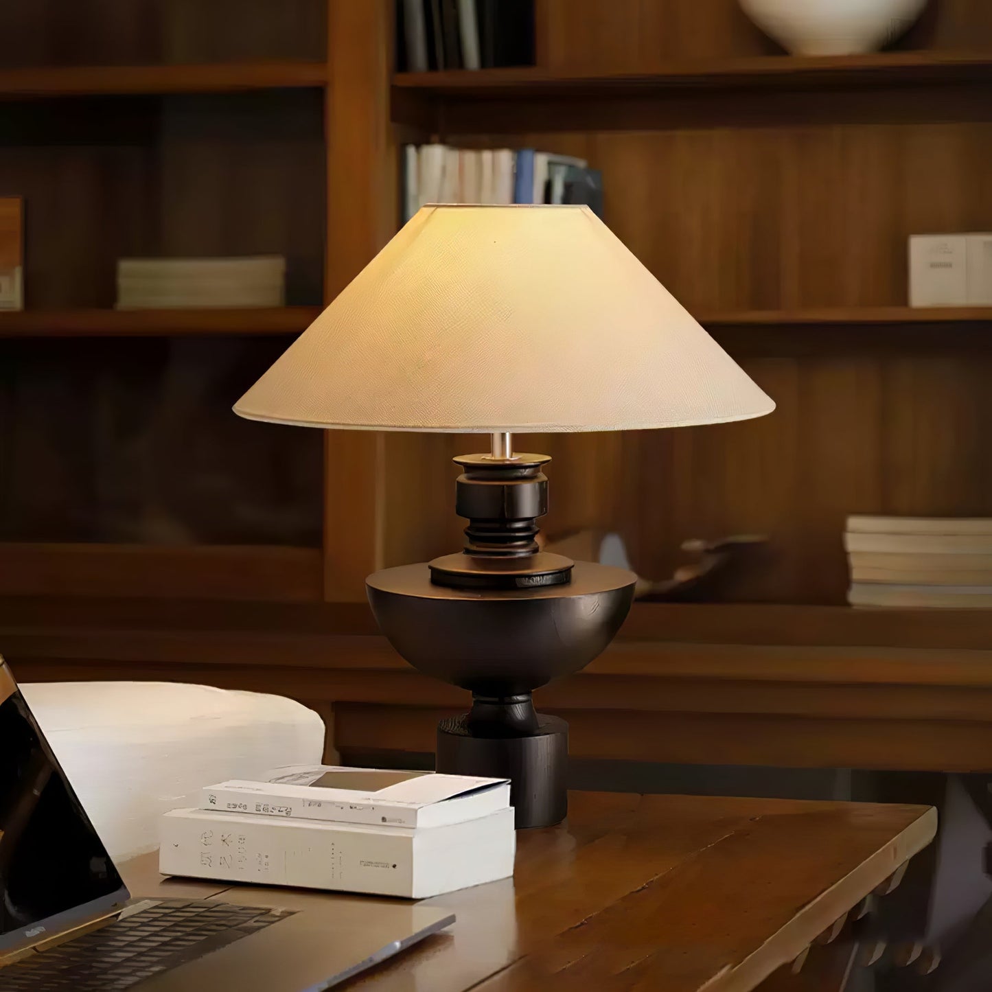 Helios Vase Table Lamp | Wooden Base | Beige Shade