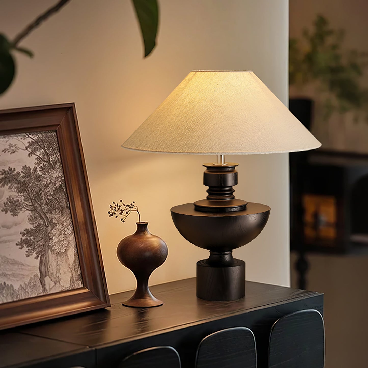 Helios Vase Table Lamp | Wooden Base | Beige Shade