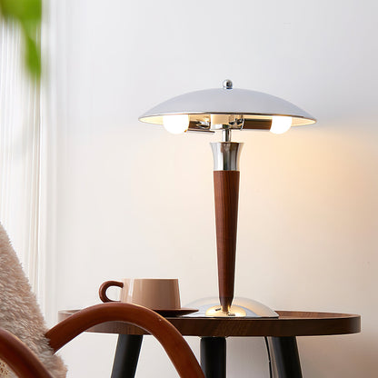 Helmet Table Lamp | Metal & Walnut Wood | Chrome Shade