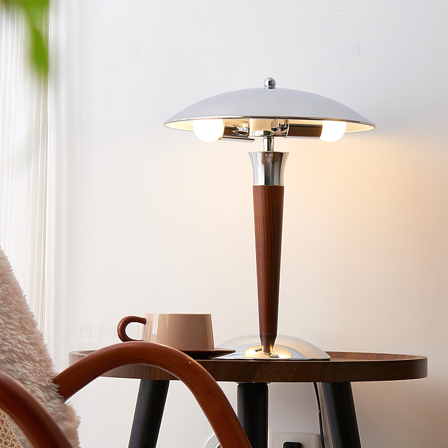 Helmet Table Lamp | Metal & Walnut Wood | Chrome Shade
