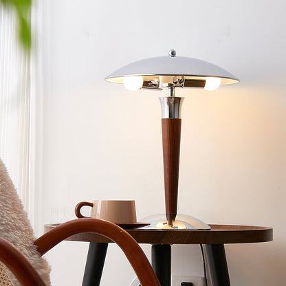 Helmet Table Lamp | Metal & Walnut Wood | Chrome Shade
