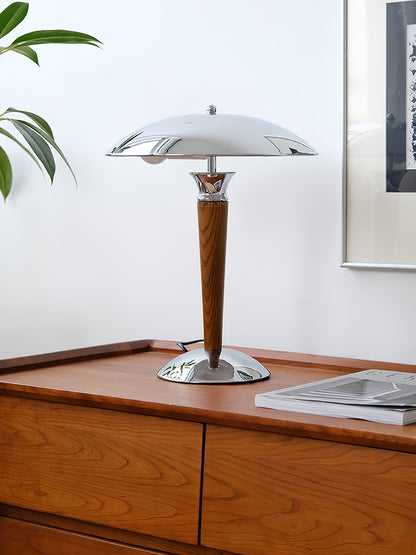 Helmet Table Lamp | Metal & Walnut Wood | Chrome Shade