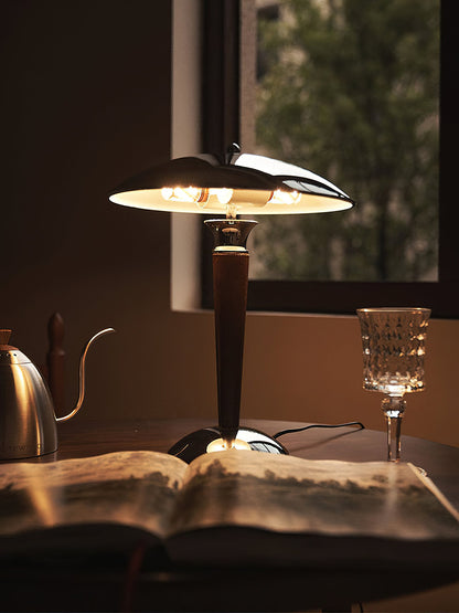 Helmet Table Lamp | Metal & Walnut Wood | Chrome Shade
