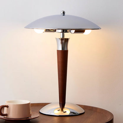 Helmet Table Lamp | Metal & Walnut Wood | Chrome Shade