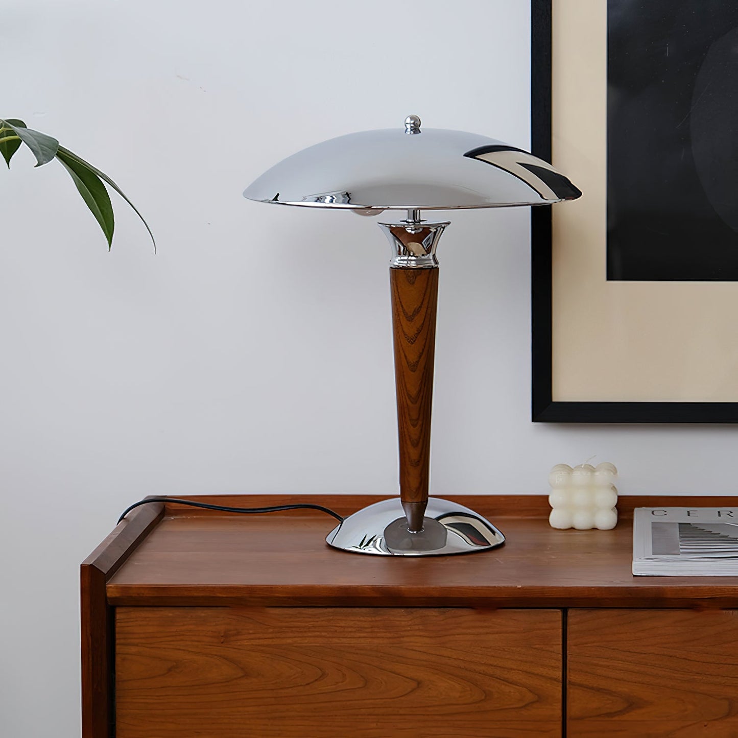 Helmet Table Lamp | Metal & Walnut Wood | Chrome Shade
