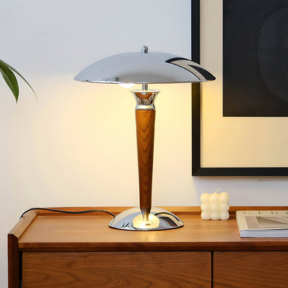 Helmet Table Lamp | Metal & Walnut Wood | Chrome Shade