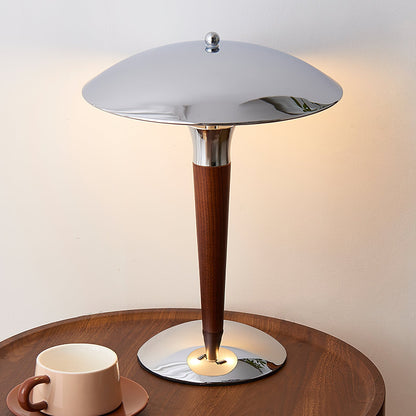 Helmet Table Lamp | Metal & Walnut Wood | Chrome Shade