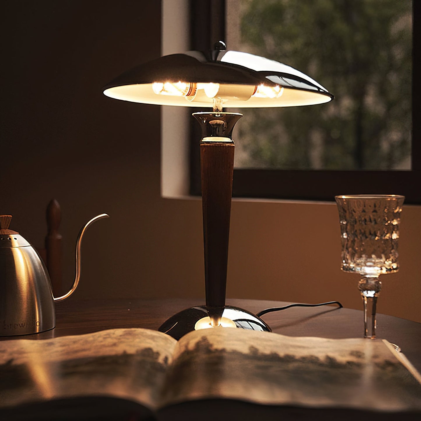 Helmet Table Lamp | Metal & Walnut Wood | Chrome Shade