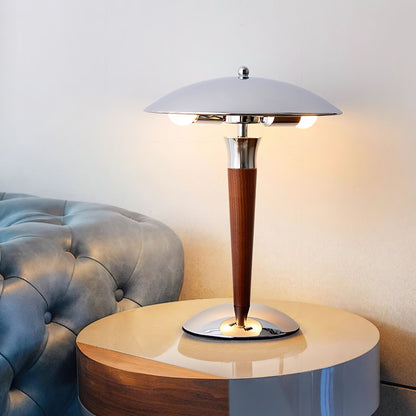 Helmet Table Lamp | Metal & Walnut Wood | Chrome Shade
