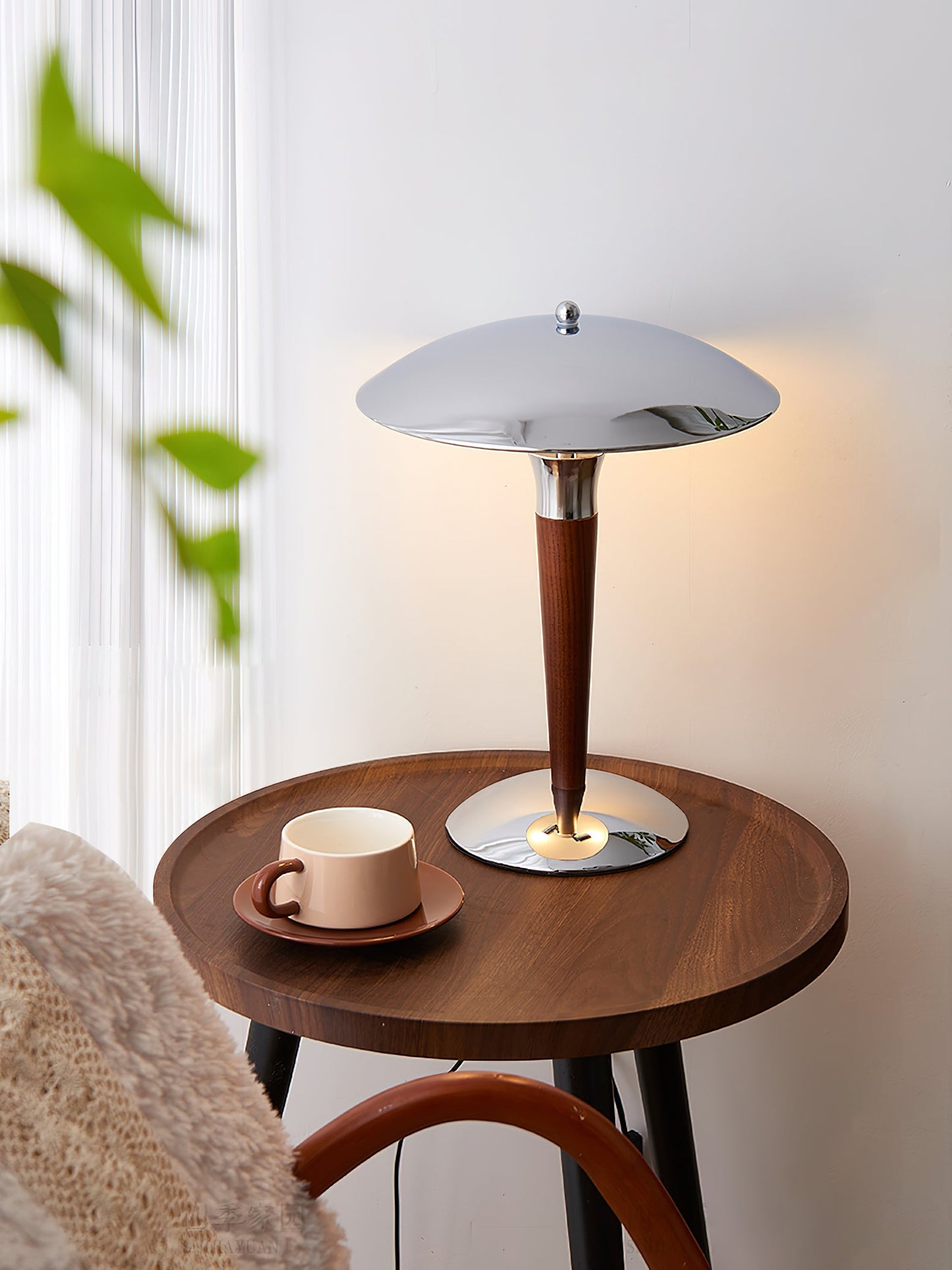 Helmet Table Lamp | Metal & Walnut Wood | Chrome Shade