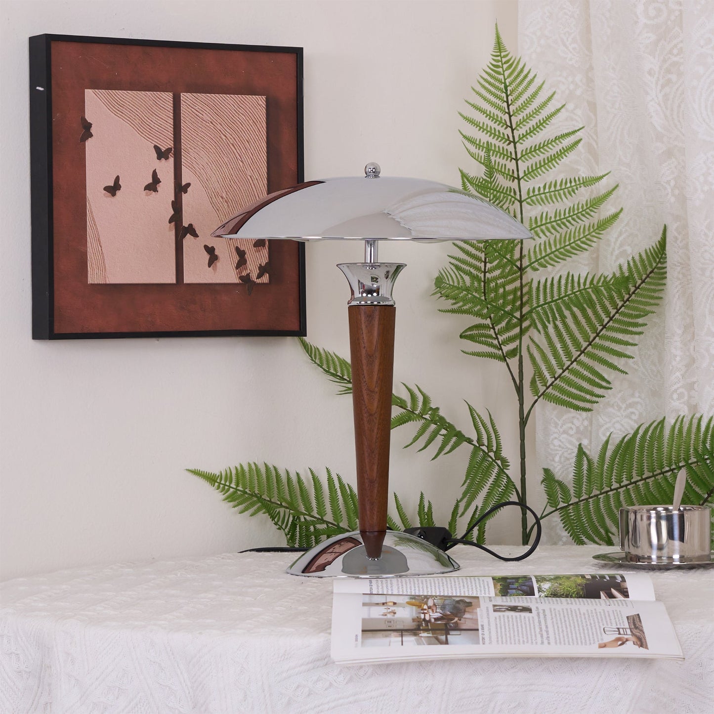 Helmet Table Lamp | Metal & Walnut Wood | Chrome Shade