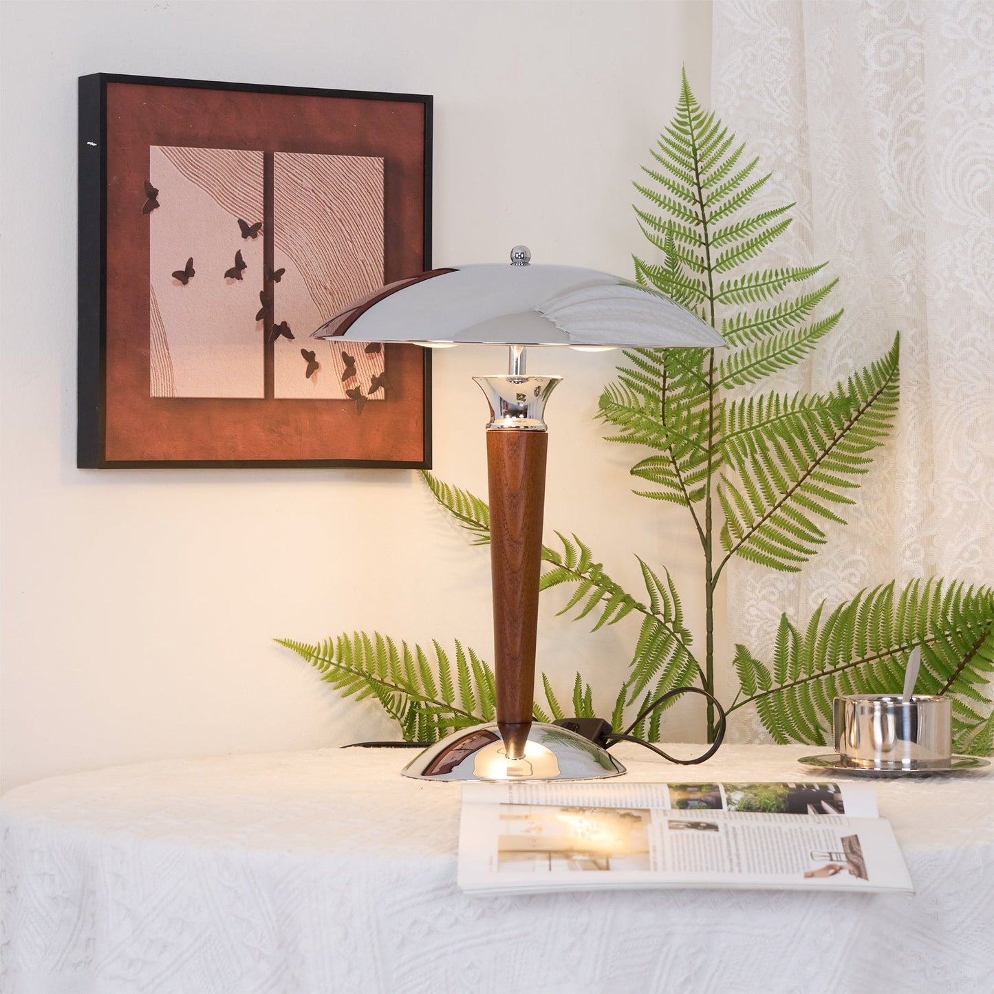 Helmet Table Lamp | Metal & Walnut Wood | Chrome Shade