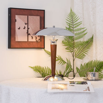 Helmet Table Lamp | Metal & Walnut Wood | Chrome Shade