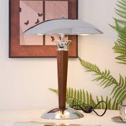 Helmet Table Lamp | Metal & Walnut Wood | Chrome Shade