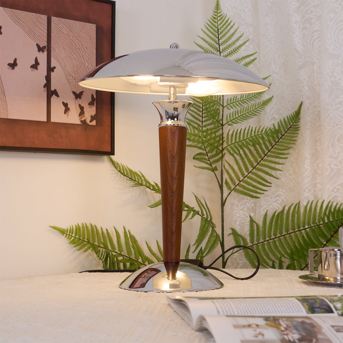 Helmet Table Lamp | Metal & Walnut Wood | Chrome Shade