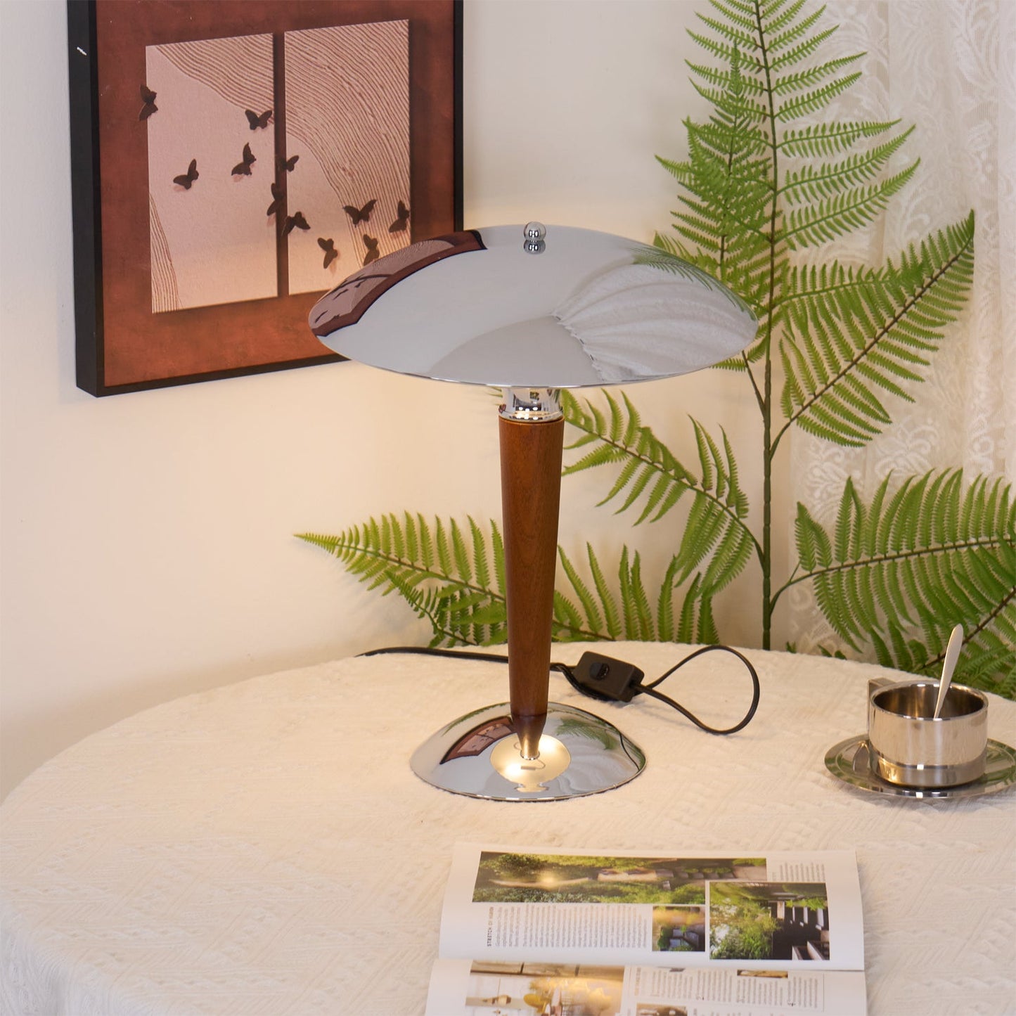 Helmet Table Lamp | Metal & Walnut Wood | Chrome Shade