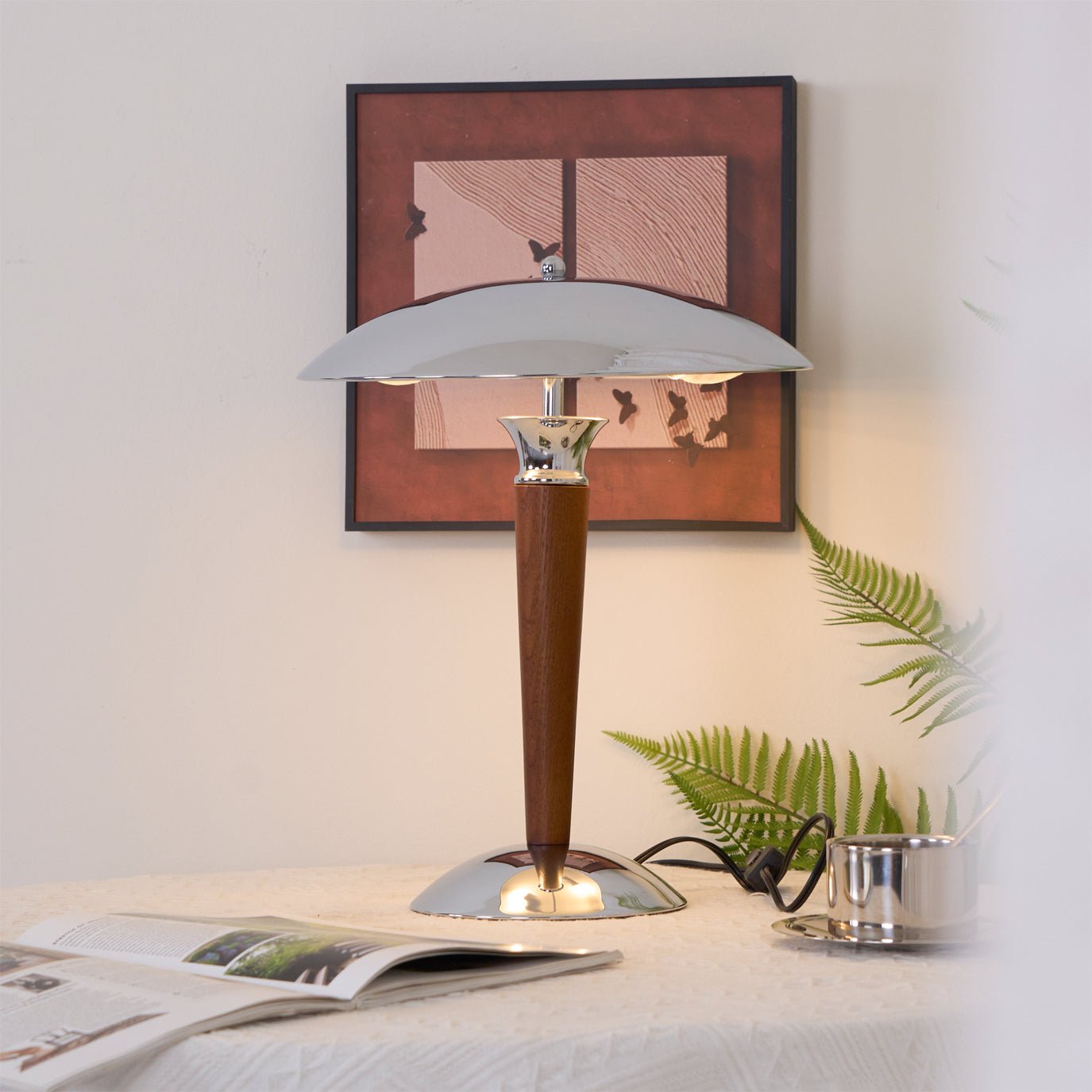 Helmet Table Lamp | Metal & Walnut Wood | Chrome Shade