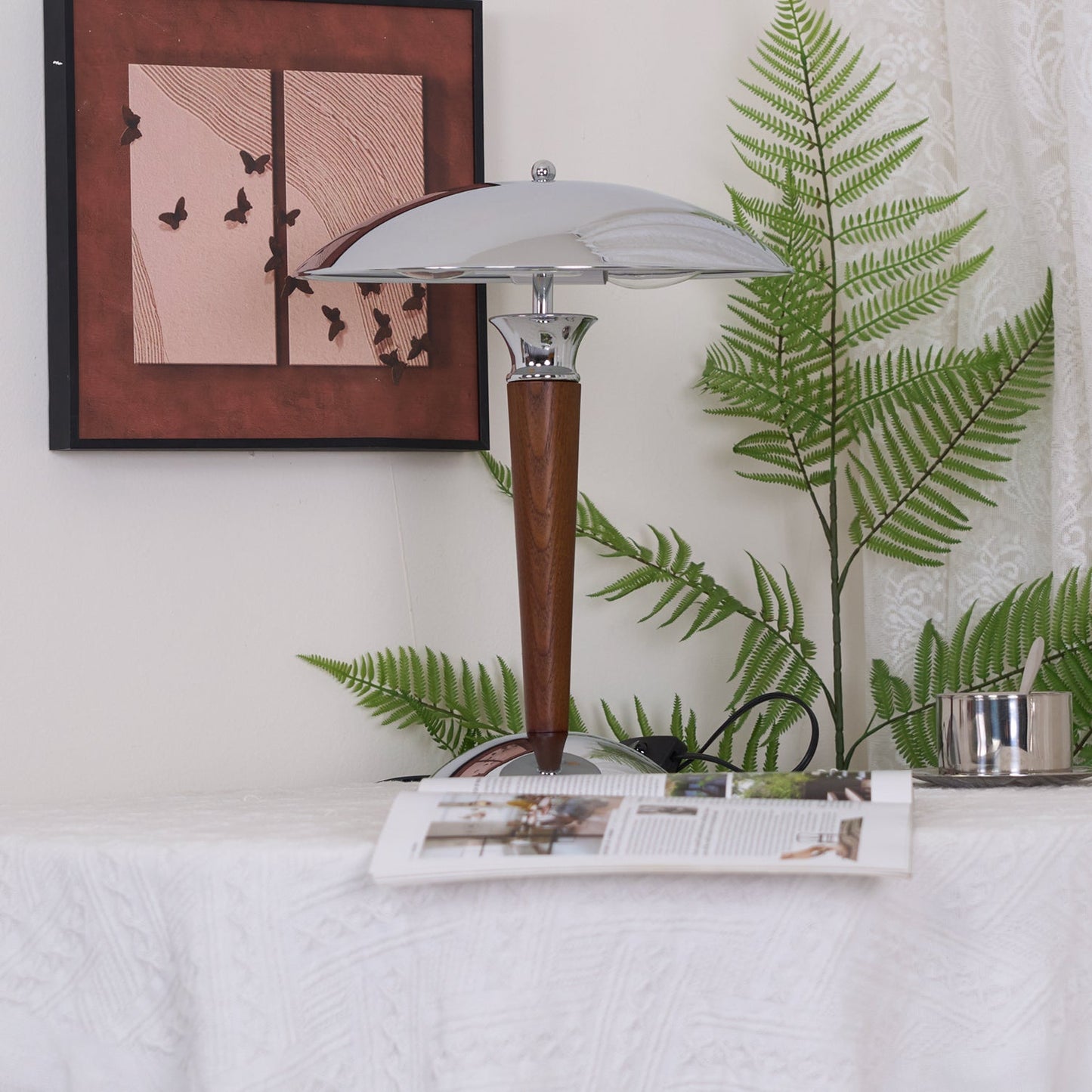 Helmet Table Lamp | Metal & Walnut Wood | Chrome Shade