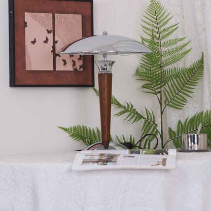 Helmet Table Lamp | Metal & Walnut Wood | Chrome Shade