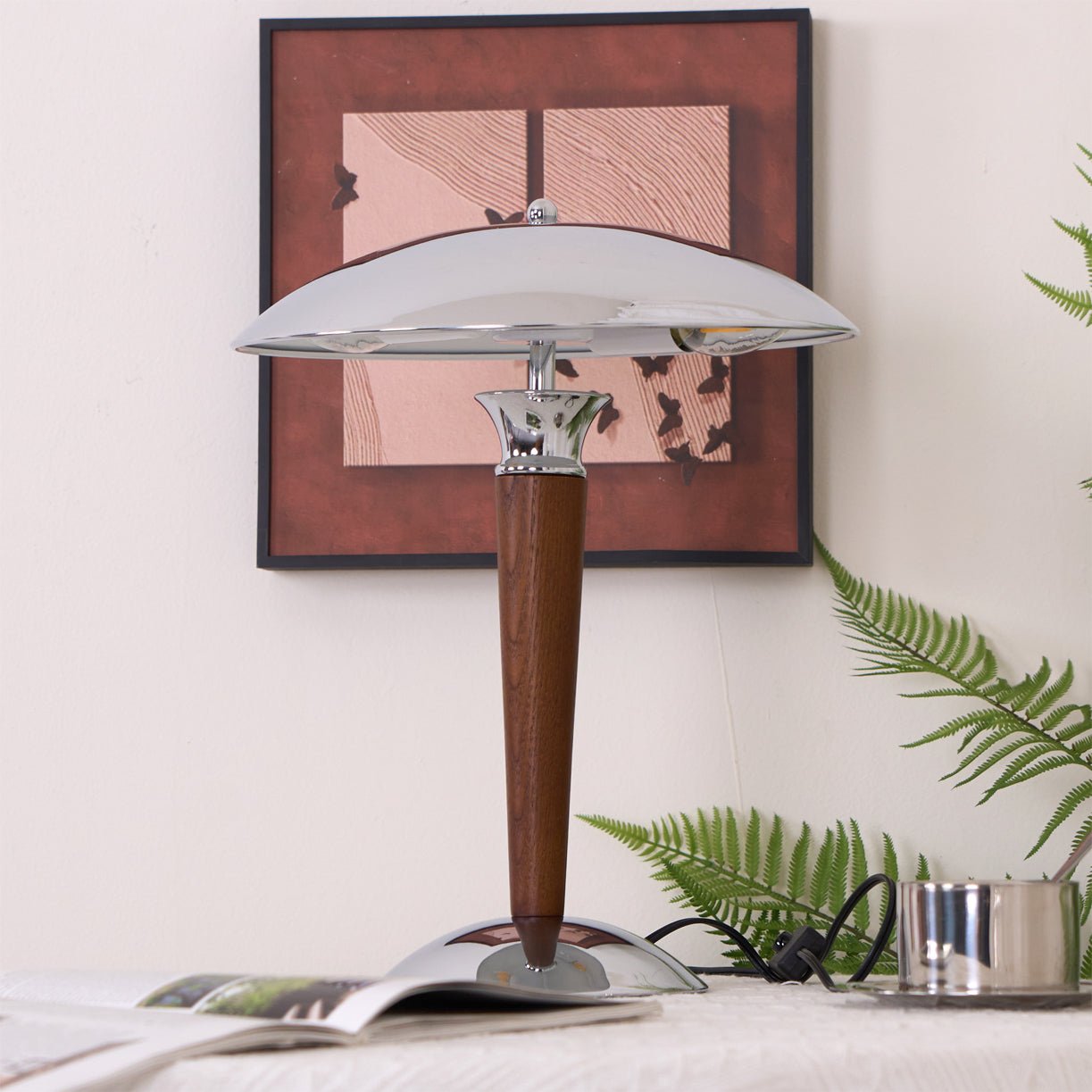 Helmet Table Lamp | Metal & Walnut Wood | Chrome Shade