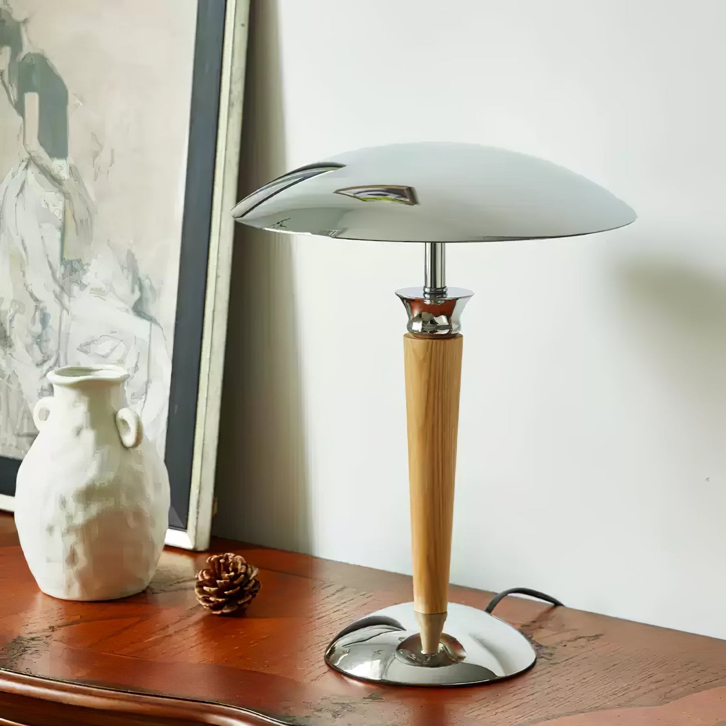 Helmet Table Lamp | Metal & Walnut Wood | Chrome Shade