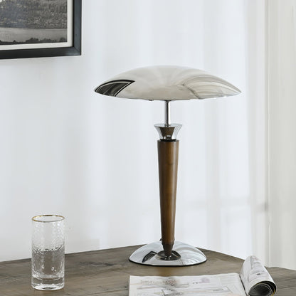 Helmet Table Lamp | Metal & Walnut Wood | Chrome Shade