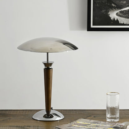 Helmet Table Lamp | Metal & Walnut Wood | Chrome Shade