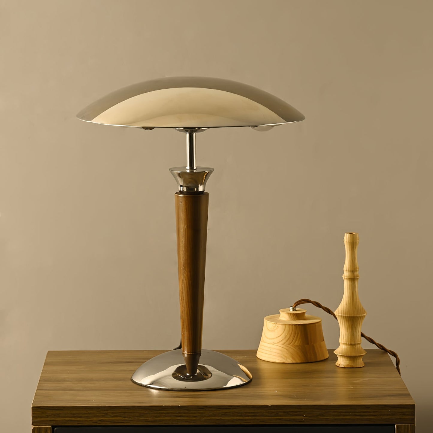 Helmet Table Lamp | Metal & Walnut Wood | Chrome Shade