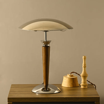 Helmet Table Lamp | Metal & Walnut Wood | Chrome Shade