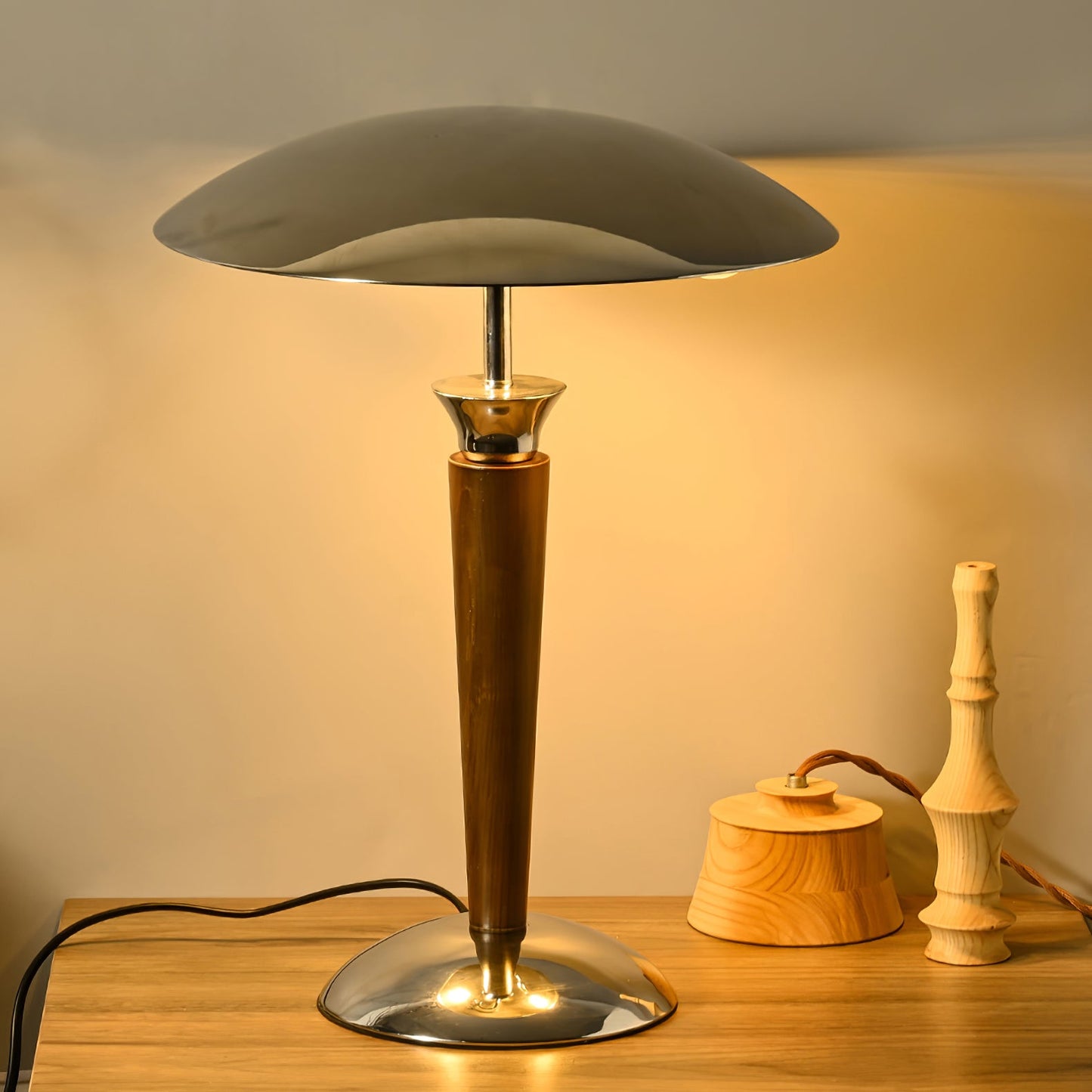 Helmet Table Lamp | Metal & Walnut Wood | Chrome Shade