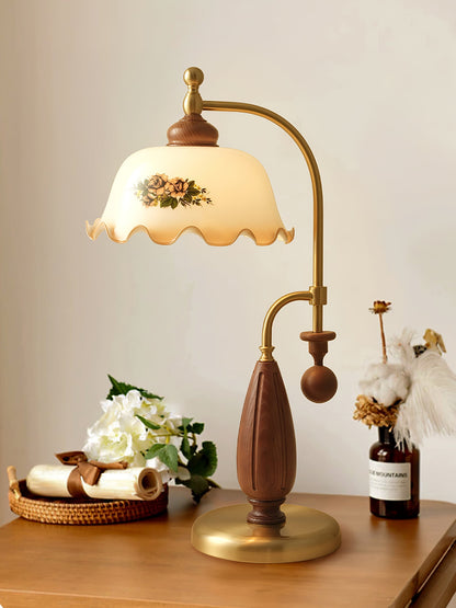Heritage Bloom Table Lamp | Frosted Glass Shade | Walnut Wood, Gold, Nickel