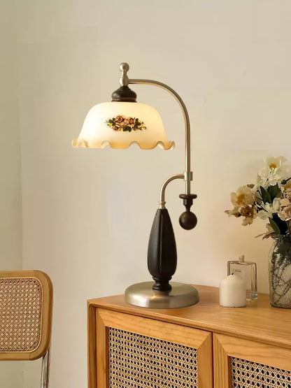 Heritage Bloom Table Lamp | Frosted Glass Shade | Walnut Wood, Gold, Nickel