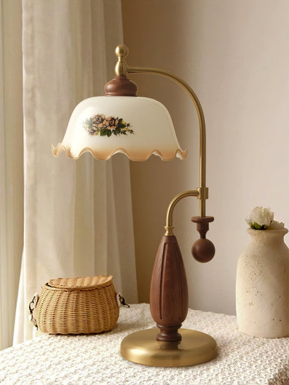 Heritage Bloom Table Lamp | Frosted Glass Shade | Walnut Wood, Gold, Nickel