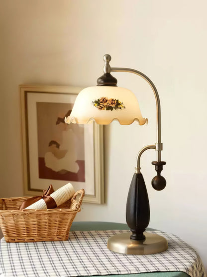 Heritage Bloom Table Lamp | Frosted Glass Shade | Walnut Wood, Gold, Nickel