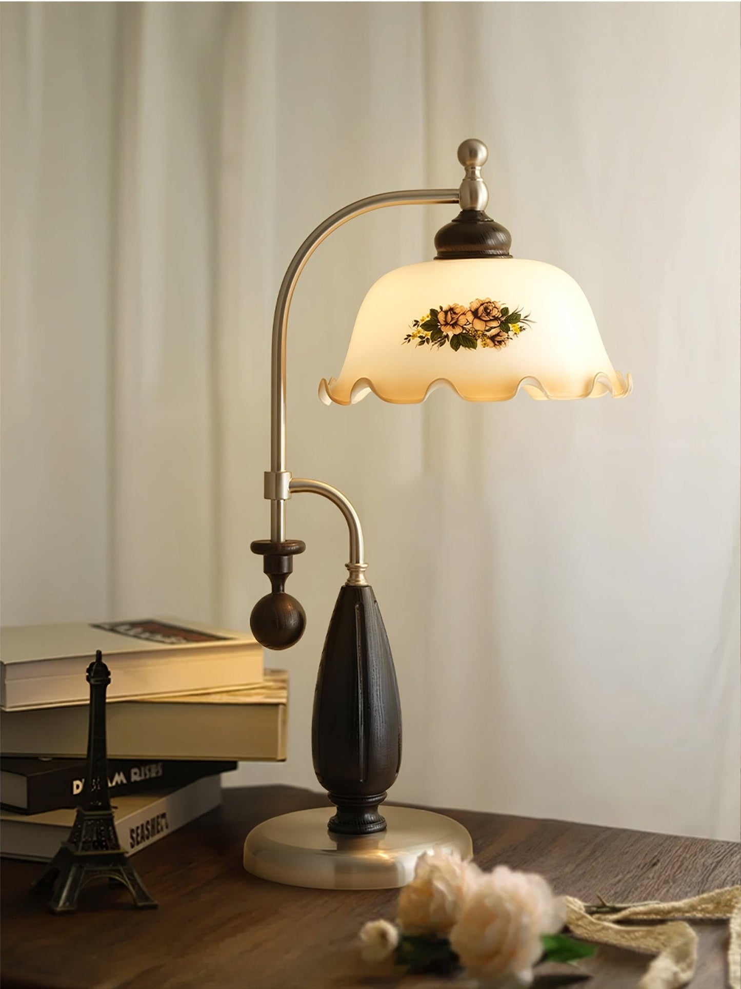 Heritage Bloom Table Lamp | Frosted Glass Shade | Walnut Wood, Gold, Nickel
