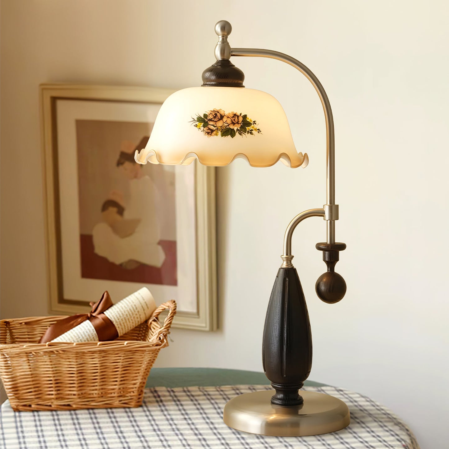 Heritage Bloom Table Lamp | Frosted Glass Shade | Walnut Wood, Gold, Nickel